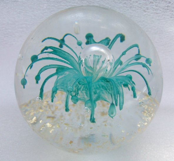 Aqua Blue Spider Lily Flower Bubble Mica Glass Paperweight