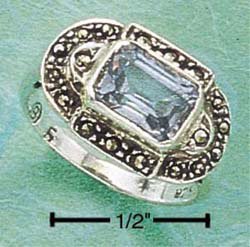 MSR-44 : STERLING SILVER MARCASITE WITH LONG RECTANGULAR BLUE TOPAZ ON ITS SIDE RING 5-9