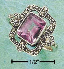 MSR-62 : STERLING SILVER MARCASITE OPEN FLORAL WINDOW WITH RECTANGULAR AMETHYST RING 5-9
