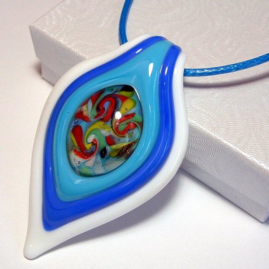 Large Lampwork Glass Pendant Necklace - Blue & White