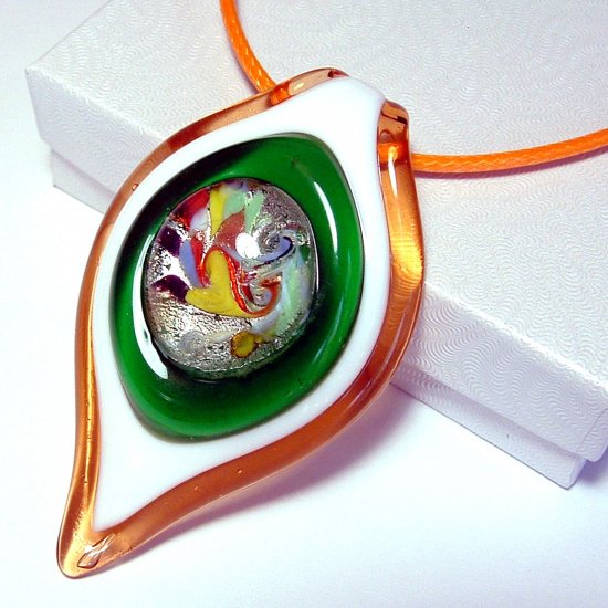 Large Lampwork Glass Pendant Necklace - Orange & Green
