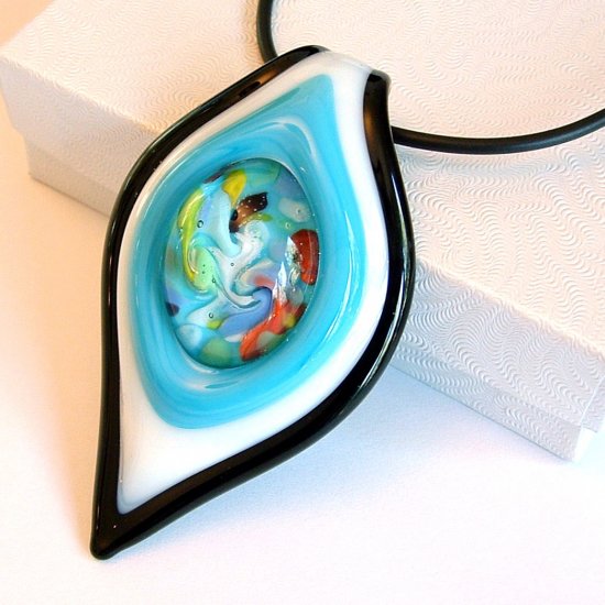 Large Lampwork Glass Pendant Necklace - Blue, White & Black