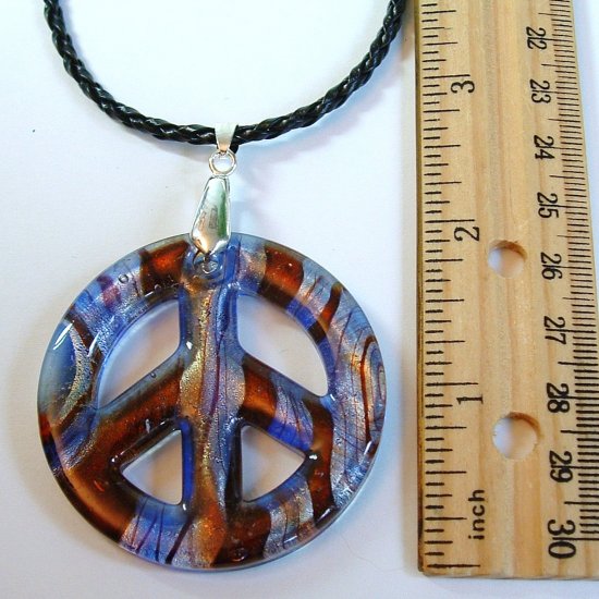 2" Peace Sign Lampwork Glass Pendant Necklace - Dark Blue base