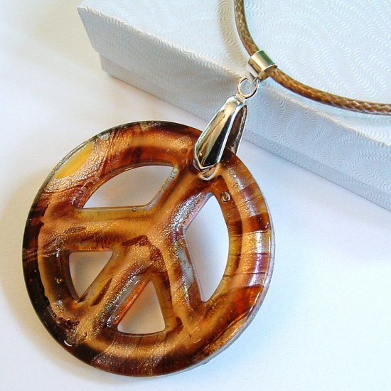 2" Peace Sign Lampwork Glass Pendant Necklace - Amber base