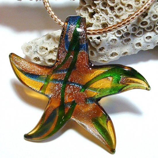 Amber Starfish Lampwork Glass Pendant Necklace