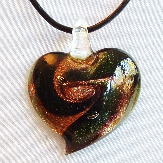 Heart Lampwork Glass Pendant Leather Cord Necklace - Green Swirl on Gold