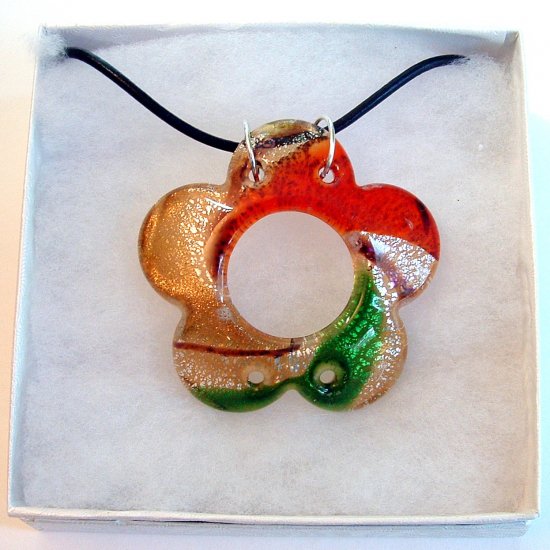 Flower Lampwork Glass Pendant Leather Cord Necklace - Red, Green & Gold