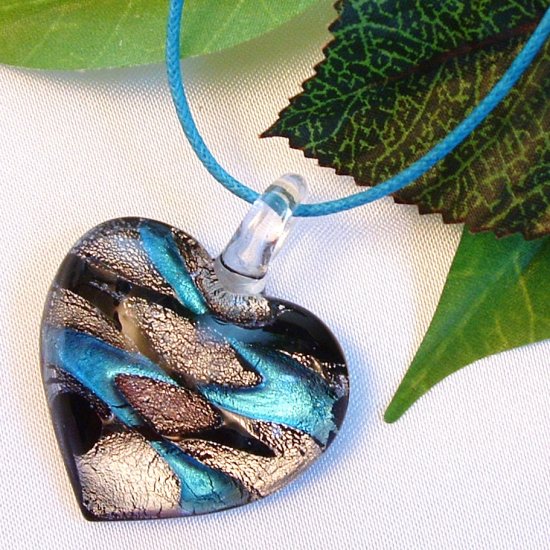Heart Lampwork Glass Pendant Necklace - Blue, Black, Silver