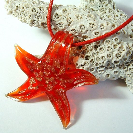 Red and Gold Starfish Lampwork Glass Pendant Necklace