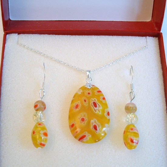 Sterling Silver Yellow Teardrop Millefiori Glass Necklace & Earrings Set