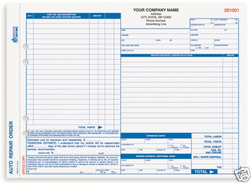 4-Part Auto Repair Order, Carbonless AROCC-374 QTY. 250