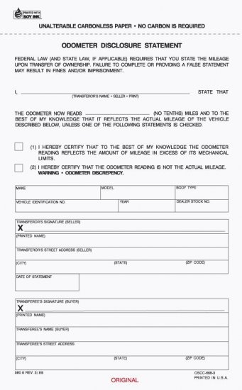 OSCC-668, Snap - a - part odometer disclosure statement carbonless form, 3 parts