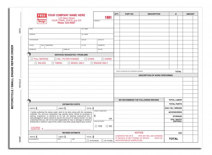 6510 Motorcycle Small Engine Repair Order, 3pt Qty.250