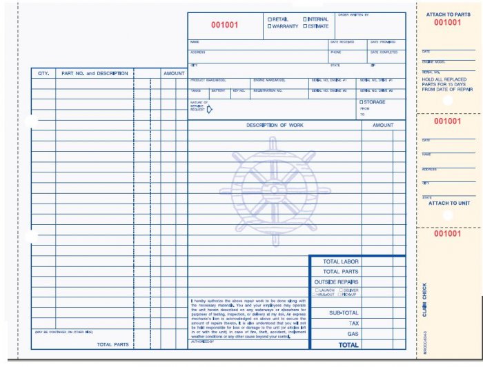 MROCC-634 Marine Repair Order w/Claim Tag, 3pt Qty.250