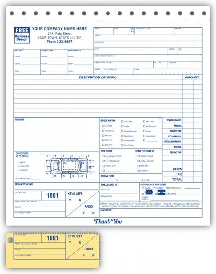 2526 Towing Service Order with Key Tag, 3pt Qty.250