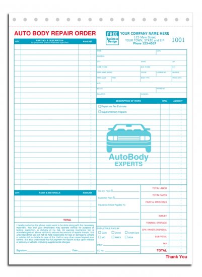 6597, Auto Body Repair Orders, 3 Part QTY. 250