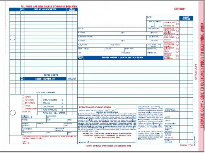 California Auto Repair Order Form - AROCC-648-4 PART