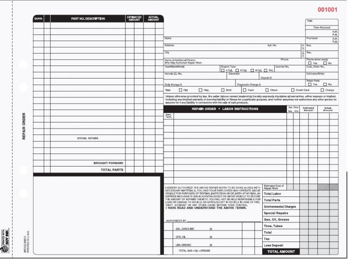 AROCC-685 Auto Repair Order 4pt QTY. 250