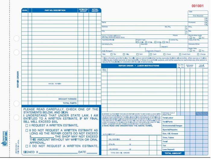 AROCC-624 Auto Repair Order 4pt QTY. 500