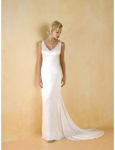 Column/Sheath V-neck Chapel Train Satin wedding dress for brides 2010 style(WDA0527)