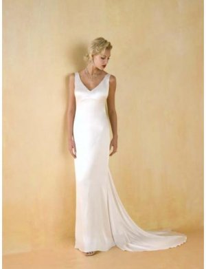 Column/Sheath V-neck Chapel Train Satin wedding dress for brides 2010 style(WDA0527)