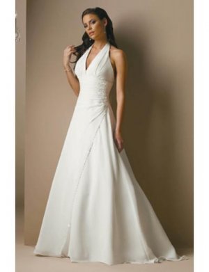 A-Line/Princess V-neck Halter Top Chapel Train Satin wedding dress for brides gowns new (WDA1670)