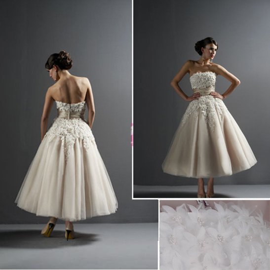 rush order Custom Made A-line Tea-length Tulle and Satin Bridal Wedding Dress / Wedding Gown