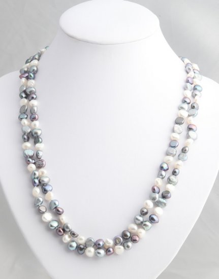 48"" Multicolor freshwater black, silver and white pearl necklace