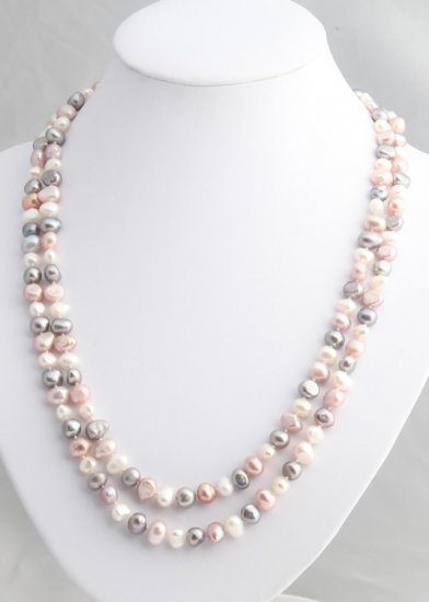 48"" Multicolor freshwater silver, lavender and white pearl necklace