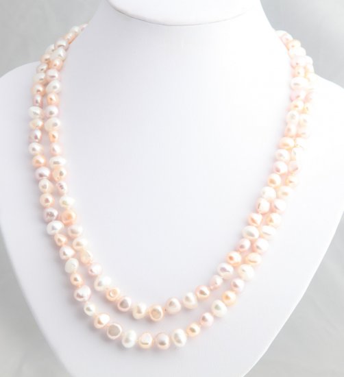 48"" Pastel freshwater peach, lavender and white pearl necklace