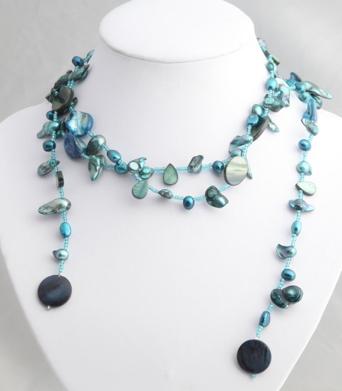 54"" Green Pearl, Shell, and Bead Lariat
