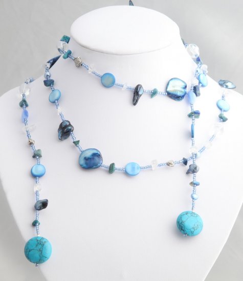 54"" Teal Pearl, Shell, and Bead Lariat