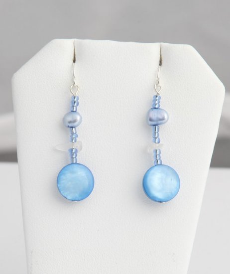 Blue Mother of Pearl, Pearl, and Crystal dangle earrings. Various colors available