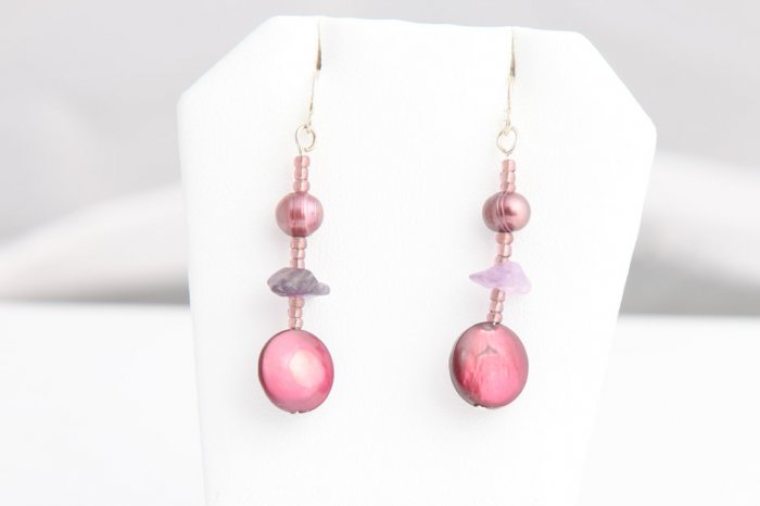 Magenta Mother of Pearl, Pearl, and Crystal dangle earrings. Various colors available
