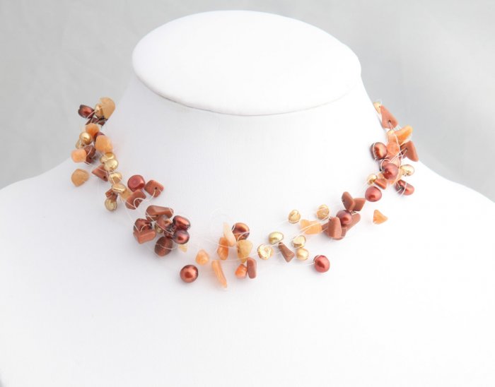 Mixed Media Auburn Pearl Necklace