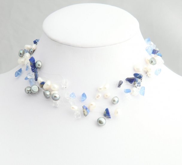Mixed Media Blue Pearl Necklace