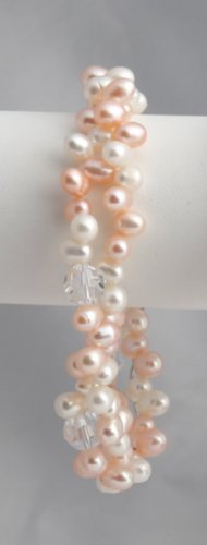 Peach Pearl and Lg Crystal Bracelet