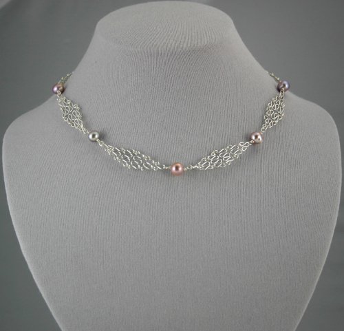 Silver Mesh Chain Lavender Pearl Necklace