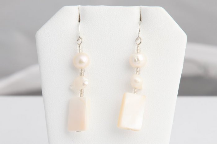 White Mother of Pearl, Pearl, and Crystal dangle earrings. Various colors available