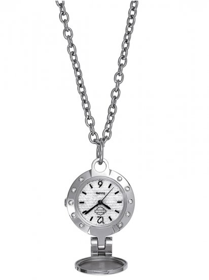 NIB NEW IN BOX Harley Davidson Women's Pendant Watch Necklace Stainless Silver Jewelry 76L26