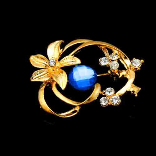 Noblest Gemstone Blue Crystal Gold Plated Brooch