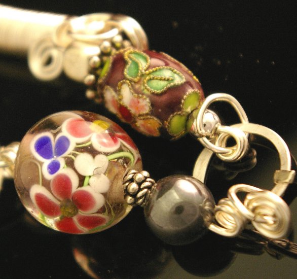 Handmade Wire Braclet with Lamp work & Bali Beads (Spring of life)