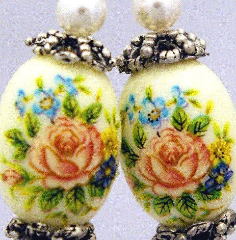 Handmade hand painted Earrings with Bali Beads (Rose Garden)