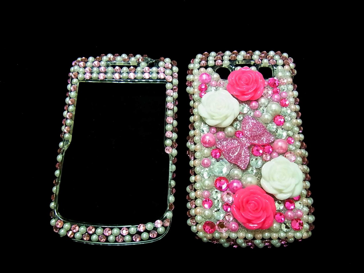 Bling Rhinestone Crystal Pink Flower Ribbon Case Cover for Blackberry 9700 9780 Bold