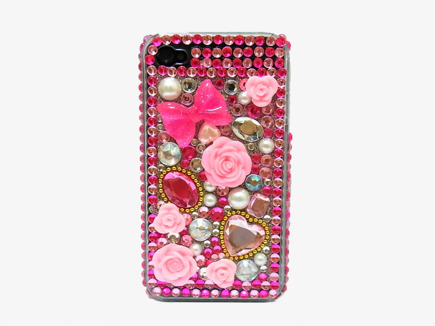 Bling Rhinestone Crystal Dark Pink Flower Hard Case Cover for Apple iPhone 4 4G 4S