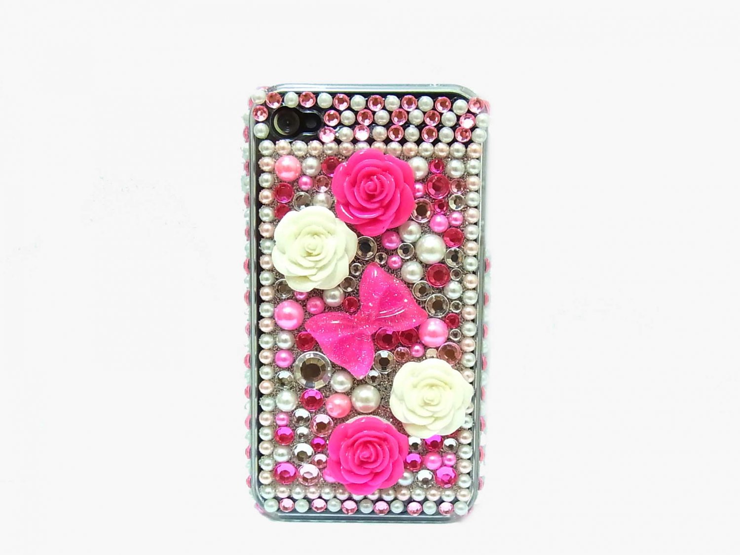Bling Rhinestone Crystal Pink Ribbon Flower Hard Case Cover for Apple iPhone 4 4G 4S
