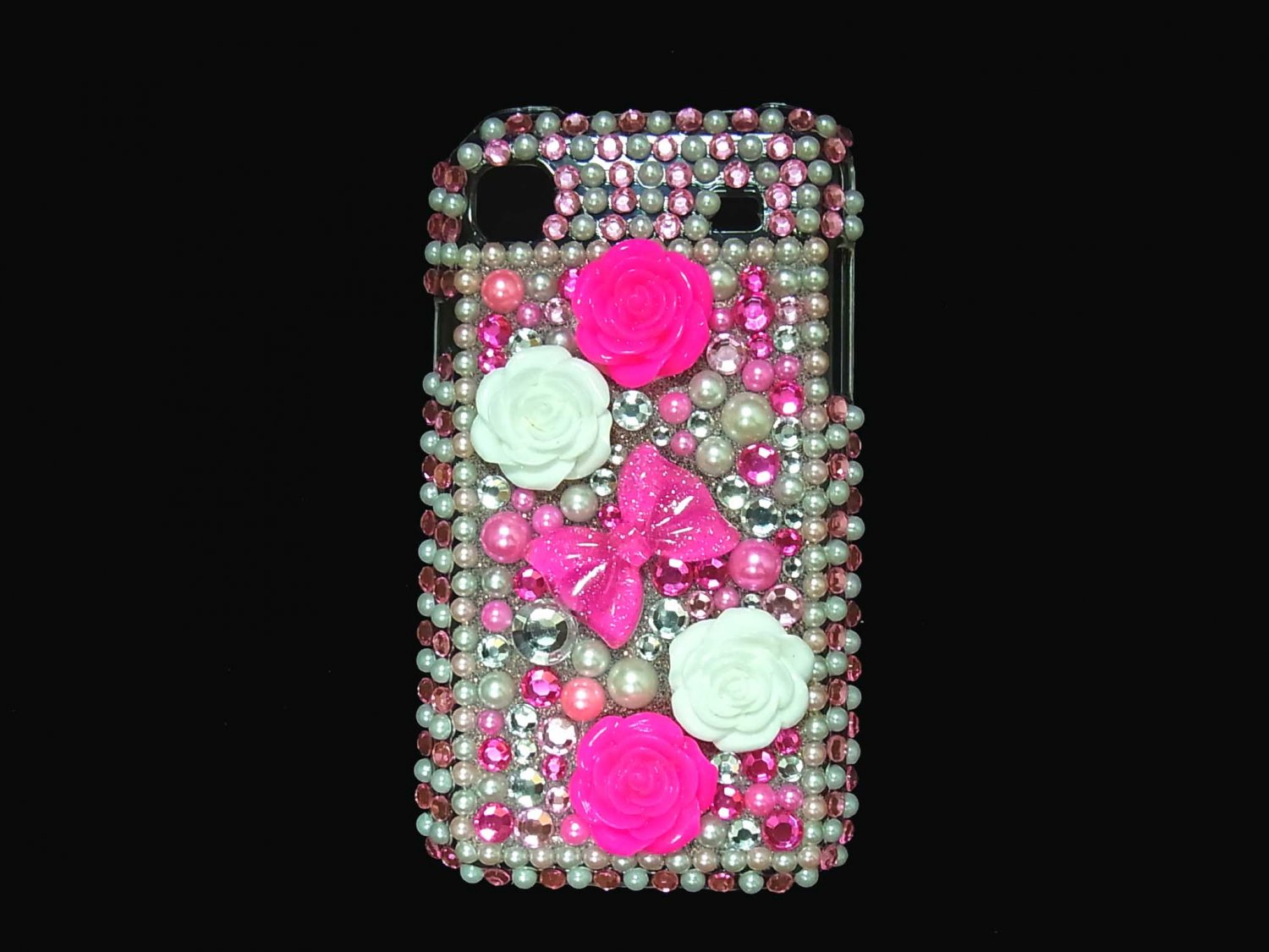 Bling Rhinestone Crystal Pink Ribbon Flower Case Cover for Samsung i9000 Galaxy S