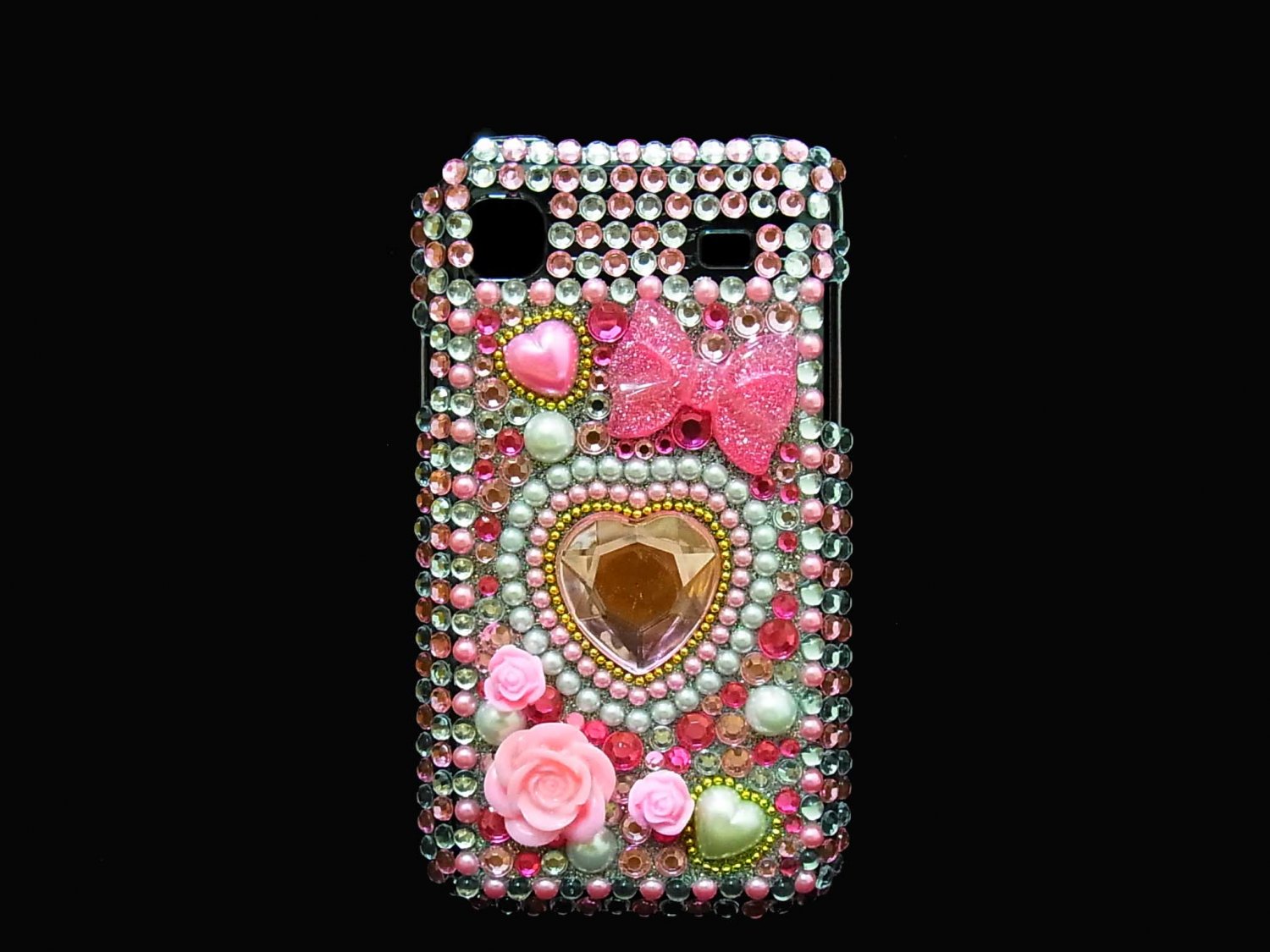 Bling Rhinestone Crystal Pink Heart Flower Case Cover for Samsung i9000 Galaxy S
