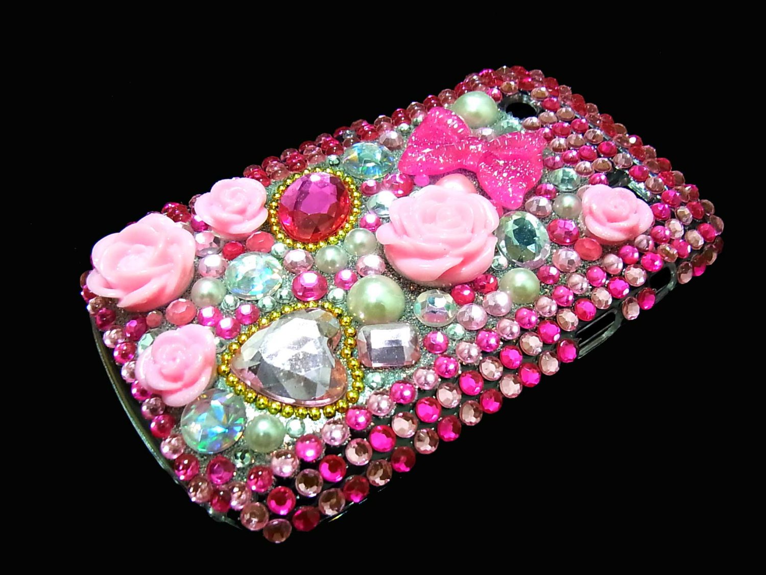 Bling Rhinestone Crystal Pink Flower Heart Case Cover for Blackberry 9900 9930 Bold DP