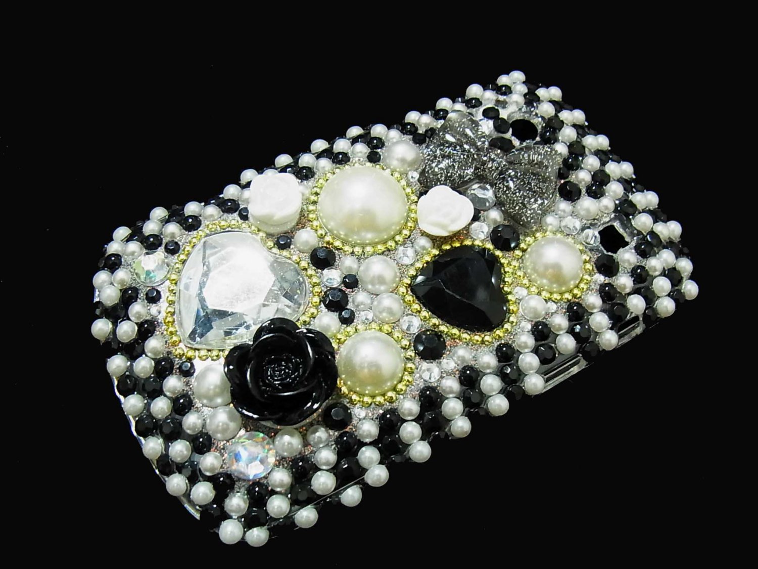 Bling Rhinestone Crystal Black Flower Pearl Heart Case Cover for Blackberry 9900 9930 Bold BH